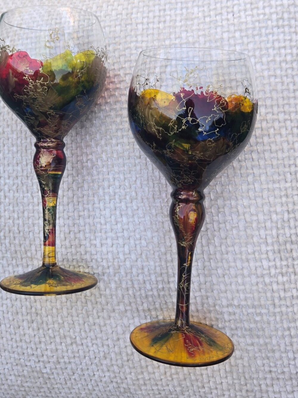 MONACO MONARCH Pair of Abstract Colorful Crystal Balloon Wine Stem Goblets